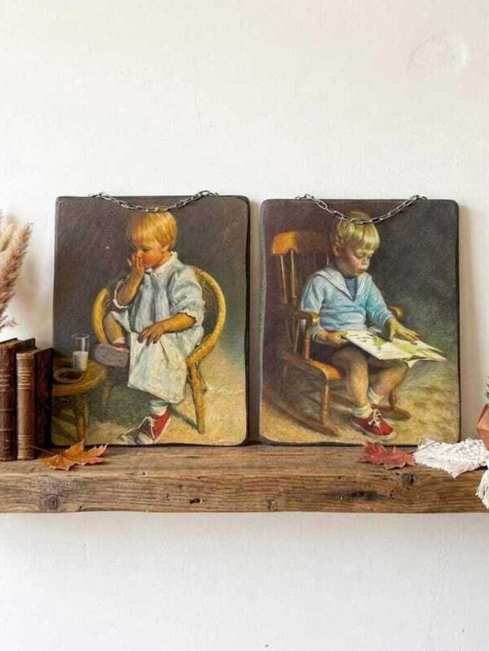 Pair of Vintage Child Portrait Wall Hangings with Chain